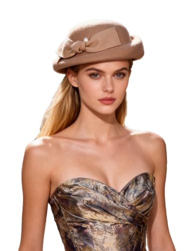 Women Wool Felt Ribbon French Fashion Vintage Millinery Beret Hats Top Cap Ladies Party Wedding Fedoras Chapeau - color: Camel