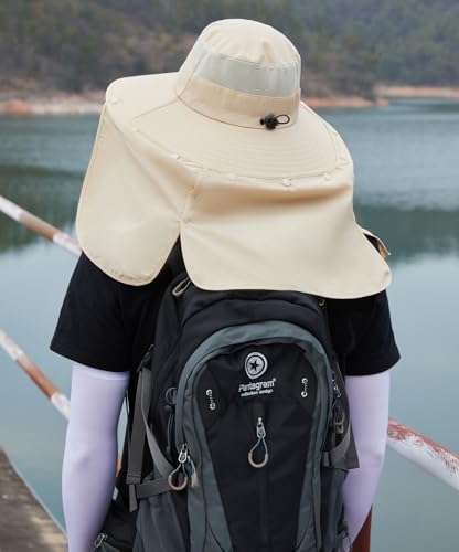 HUAMULAN Women Men Wide Brim Sun Hat Hiking Fishing Hats with Neck Flap - color: Beige With Mesh Panel