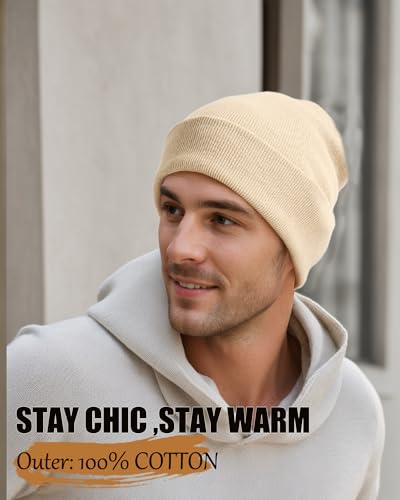 Satin Lined Knit Beanie Hat-100% Cotton Winter Hats for Women Men - color: 1-khaki