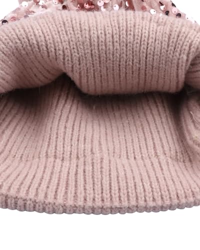 Women Sparkly Sequins Knitted Beanie Hat Warm Winter Skull Cap with Faux Fur Pom Pom - color: X Pink With Knit Cuffs