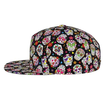 Skull Snapback Hat for Men Women, Stylish Flat Bill Hat Baseball Caps Adjustable Flat Brim Hip Hop Trucker Hats Sun Cap - color: Sugar Skull 13