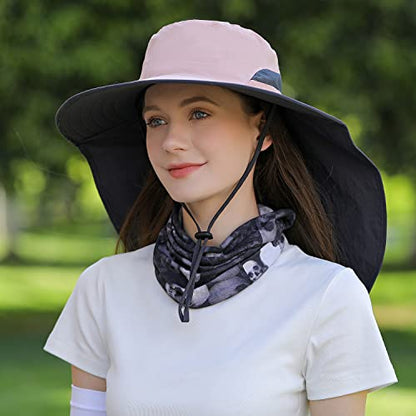HUAMULAN Women Men Wide Brim Sun Hat Hiking Fishing Hats with Neck Flap - color: Hyp011-pink