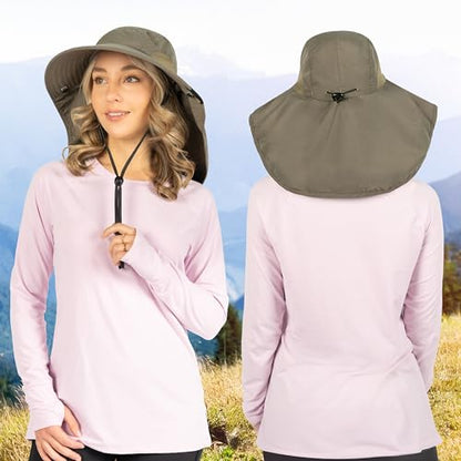 SUN CUBE Wide Brim Sun Hat with Neck Flap for Men Women, UPF50+ Fishing - color: Olive
