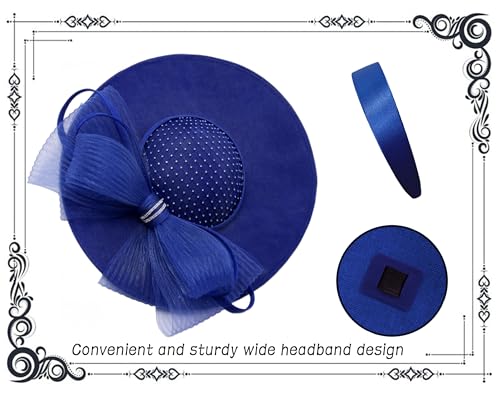 dressfan Wide Brim Fascinator Hats for Women,20s Linen Rhinestones Bow Big Hat for Derby Church Wedding Tea Party - color: Royal Blue