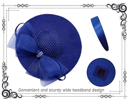 dressfan Wide Brim Fascinator Hats for Women,20s Linen Rhinestones Bow Big Hat for Derby Church Wedding Tea Party - color: Royal Blue