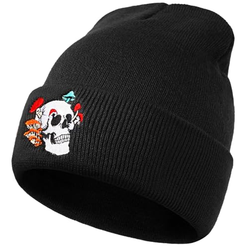 Gothic Skull Beanie Hats for Men Women, Skeleton Cuffed Winter Hat for Goth Gifts, Indoor and Outdoor Outfit Matching - color: 03.black/Mushroom