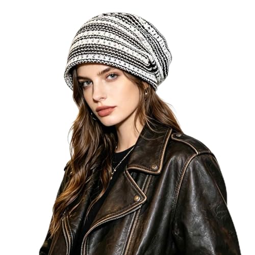Women's Sparkly Lace Beanie Hat for Women, Lightweight Breathable Knit Skull Cap,Fashion Slouchy Beanie - color: Black White 014