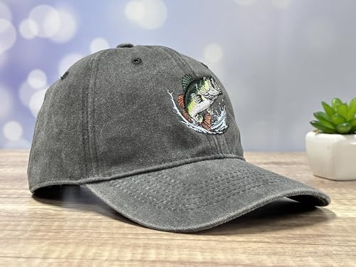 Adjustable Embroidery Hat for Men Women, Gift Baseball Cap for Adult - color: Bass Fish Jumping Out of Water (Washed Black)