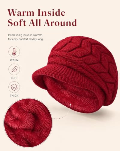 YSense 2 Pack Womens Winter Hats Warm Knit Beanie with Visor - color: Navy Blue Red