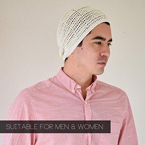 CHARM Mens Summer Beanie Cotton - Womens Crochet Slouch Cap Hand Made Chemo Hat - color: Ivory