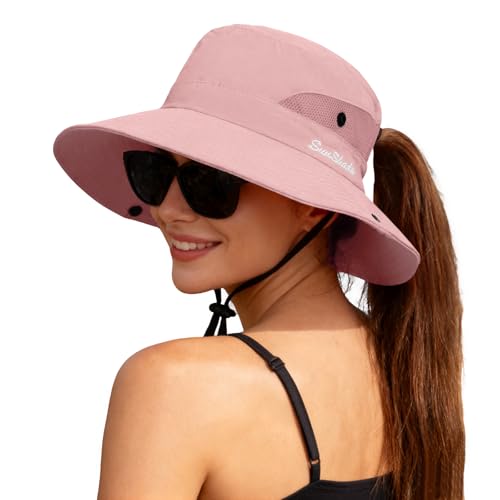 ZOORON Women's Ponytail Safari Sun Hat,Wide Brim UV Protection Bucket Hat - color: 1-purepink