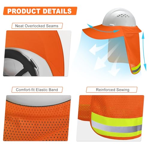 Hard Hat Sun Shade, Full Brim Mesh Neck Sun Shield with Reflective Strip, High Visibility Visor Neck Shade for Hard Hat Accessories, 2 Packs Orange - color: Orange