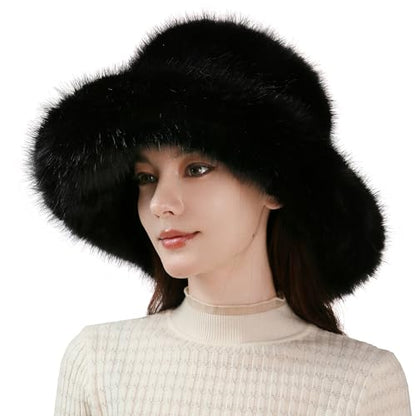 Dikoaina Faux Fur Bucket Hat for Women Girl – Oversized Brim, Super Soft & Fluffy Winter Hat - color: Black