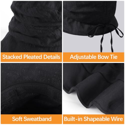 Linen Blend Ruched Bucket Hat Ultra-Light Breathable Sun Hat - color: Black