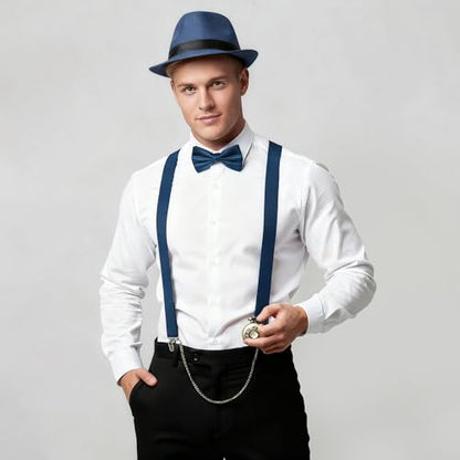 BABEYOND 1920s Mens Gatsby Gangster Accessories Set Panama Hat Suspender Bow Tie - color: Blue Set