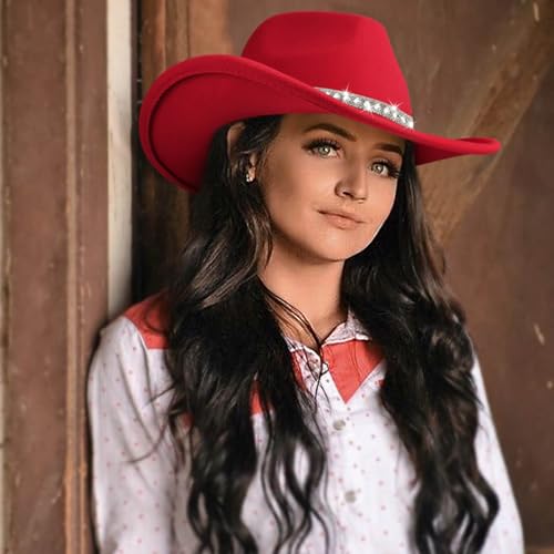 DRESHOW Western Cowboy Hat for Women and Men Wide Brim Glitter Cowboy Cowgirl Hat with Rhinestone Felt Fedora Hats - color: 1 Pack Style 10: Red