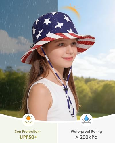 Kids UPF 50+ Waterproof Sun Hat, Packable Wide Brim Bucket Hat - color: Z American Flag