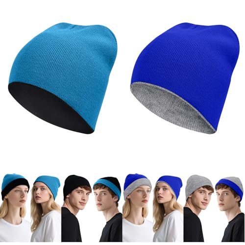 ZOORON Reversible Skull Caps for Men Women Reversible Beanie with -Double Side Warm Winter Fisherman Beanie - color: A-2pack-black/Seablue+grey/Royalblue