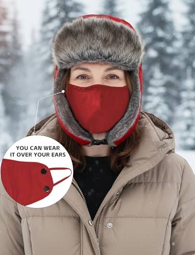 Buauty Fur Trapper Hat for Men Women Winter Windproof Soft Russian Ushanka Hats with Warm Ear Flaps & Removable Mask - color: Red