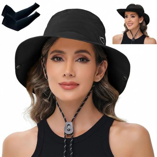 Sun Hats for Women Bucket Hat UV Protection Fishing Hat Wide Brim Safari Hats 2 in 1 Zip-Off Sun Visor Hats UPF 50+ - color: With One Pair Cooling Sleeves-1pack-black
