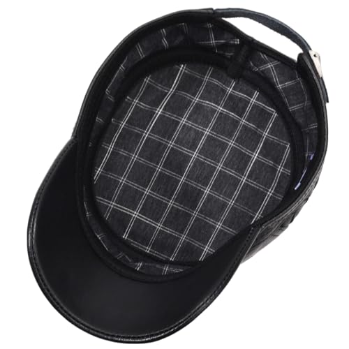 Men's Leather Military Style Hat Cadet Army Caps Flat Top Cap - color: Black