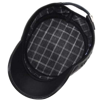 Men's Leather Military Style Hat Cadet Army Caps Flat Top Cap - color: Black