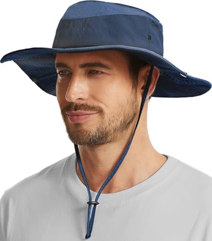 Wide Brim Sun Hat for Men Women, UPF 50+ Waterproof Packable Bucket Boonie Safari Fishing Hat - color: Navy