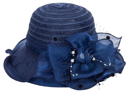 Women Wide Brim Organza Derby Hat Summer Sun Hat Fascinator Bridal Tea Party Wedding Hat - color: Navy