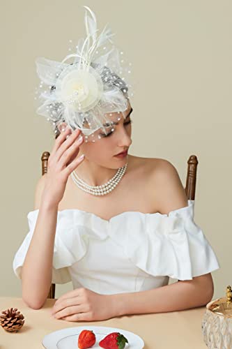 BABEYOND Fascinators Hats for Women Tea Party Flower Tulle Bead Derby Hat - color: Beige