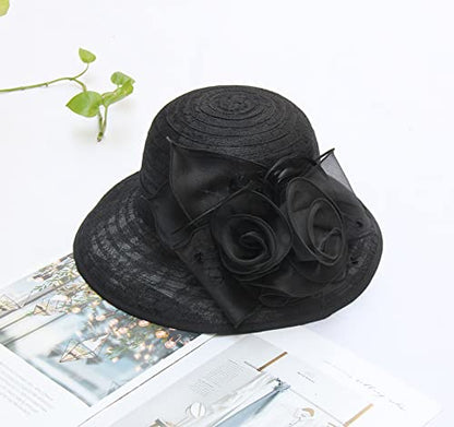 Women's Kentucky Derby Church Dress Hat Wide Brim Leaf Flower Bridal Shower Hat - color: R1 Black
