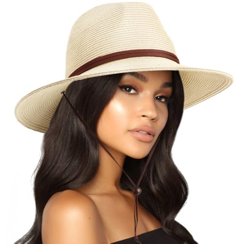 AQOKKA Summer Straw Fedora Hat for Women Men Travel Panama Hat with Wide Brim Roll Up Sun Hat for Beach Outdoor UPF 50+ - color: Panama Hat : Milky White