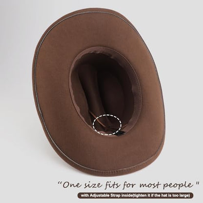 AQOKKA Western Cowboy Hats for Women Classic Felt Wide Brim Fedora Hat with Belt Buckle Retro Panama Hat Unisex Rolled up Cap - color: 1 Pc Fedora Hat A: Coffee