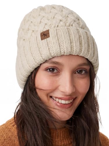 Winter Hats for Women Cable Knit Chunky Skull Cap Fleece Lined Thick Fold Cuff Beanie hat - color: Neutral Grey, style: Pineapple