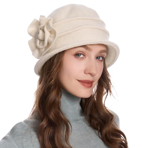 ZLYC Women Wool Cloche Bucket Hat 1920s Vintage Winter Hat with Flower - color: Floral Cream White