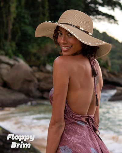 Womens Floppy Straw Sun Hat Wide Brim UPF 50 Sun Protection Packable Summer Beach Hats with Wind Lanyard - color: Khaki, size: Medium