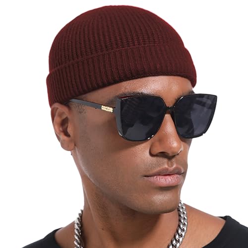 Thin Wool Fisherman Beanie Hat Unisex Cuffed Trawler Skull Cap - color: 1 Wine Red