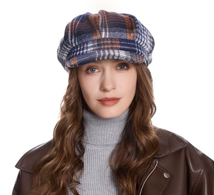 ZLYC Women Classic Newsboy Cap Visor 8 Panel Gatsby Cabbie Paperboy Hat - color: Plaid Royal Blue and Khaki