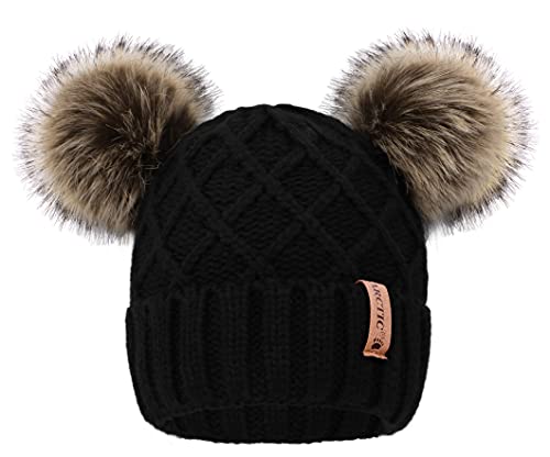 Arctic Paw Womens Winter Hat Cable Knit Beanie for Women Faux Fur Pompom Ears - color: Black _Grid