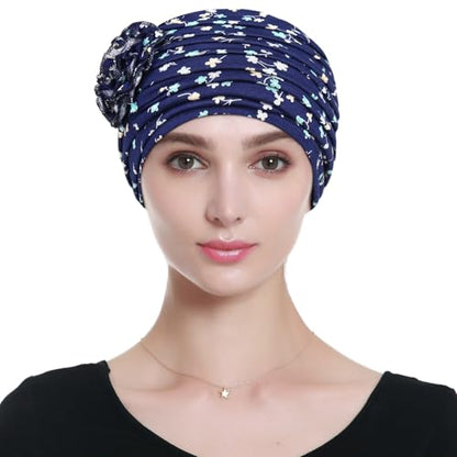 Alnorm Flower Design Chemo Hair Loss Caps Cancer Headwear for Women - color: Blue Green