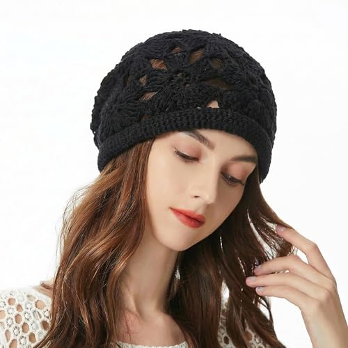 ZLYC Women Cotton Crochet Slouchy Beanie Hat Handmade Knit Summer Skull Cap - color: Crochet Black