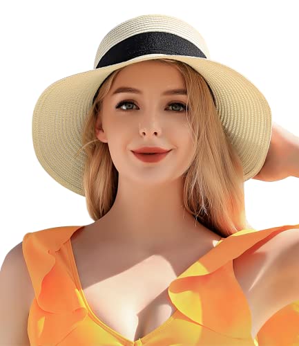 Beach Sun Straw Hats for Women, UPF 50+ UV Sun Protection Summer Straw Hat - color: A-white
