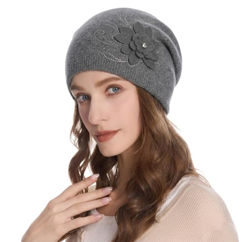 ZLYC Women Floral Slouchy Beanie Hat Double Layer Winter Knit Skull Cap - color: Flower Gray