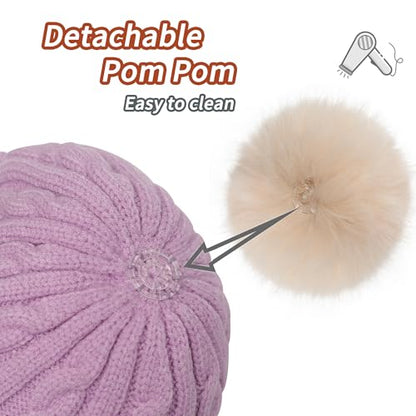 ZLYC Kids Girls Boy Winter Hat Cotton Lined Pom Pom Beanie Earflap Knit Cap - color: Solid Light Purple