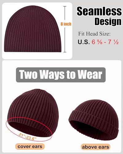 ROYBENS Wool Beanie for Men Women, Seamless Knit Warm Winter Hat Skull Caps - color: 1pcs-wine Red