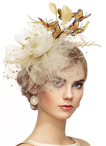 Zinniday Butterfly Derby Hat 2025 - Classic Tea Party Hats with Hair Clip, 1920s 50s Fascinators for Lady Woman - color: Gold White
