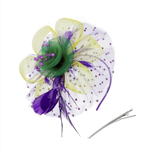 Zando Kentucky Fascinators Hats for Women Derby Tea Party Hat Flower Mesh Feathers Headband Headwear Hair Clip Girls - color: 02 Yellow & Green & Purple