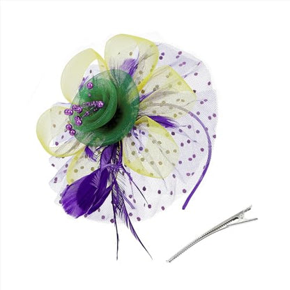 Zando Kentucky Fascinators Hats for Women Derby Tea Party Hat Flower Mesh Feathers Headband Headwear Hair Clip Girls - color: 02 Yellow & Green & Purple