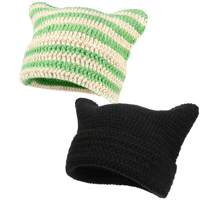 Women Beanie Warm Winter Hats, Soft Knit Lazy Beanie for Women, Women Cat Beanie，Women Fox hat, Slouchy Beanies for Women - color: Beige Green & Black 2pcs