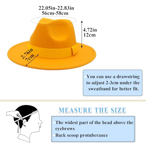 Men's Women's Wide Brim Fedora Hats with Ribbon Panama Felt Cap, British Style Vintage Flat Brimmed Jazz Hat - color: Yellow