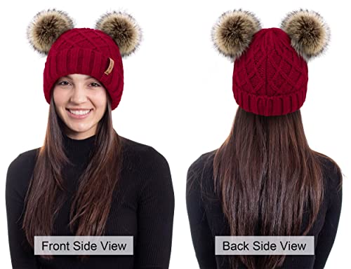 Arctic Paw Womens Winter Hat Cable Knit Beanie for Women Faux Fur Pompom Ears - color: Burgundy_grid